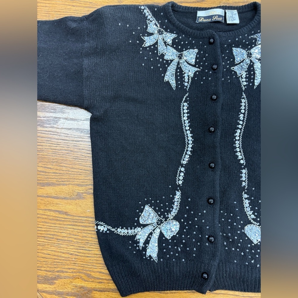 VTG Dana Scott Cardigan Christmas Sweater Black Silk Wool Angora Blend Women’s M - Picture 5 of 14
